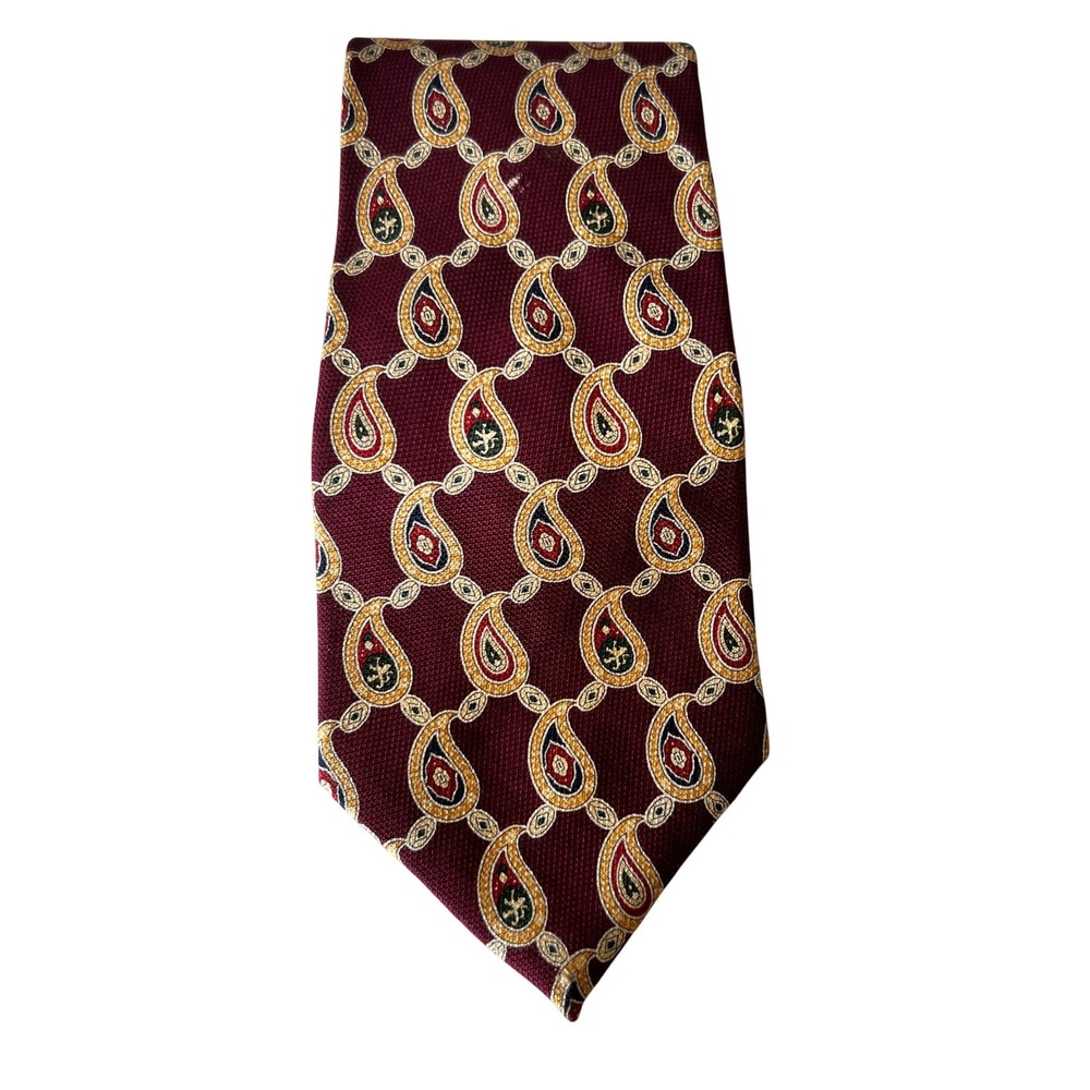Tommy‎ Hilfiger Mens Silk Tie Burgundy Gold Paisley Chain Link Italian Silk USA